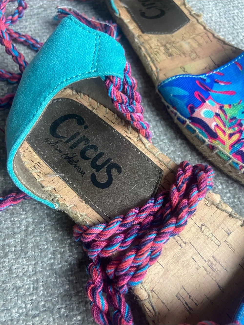 Sam Edelman Circus Bright Teal & Pink Braided Espadrille Wedges 8